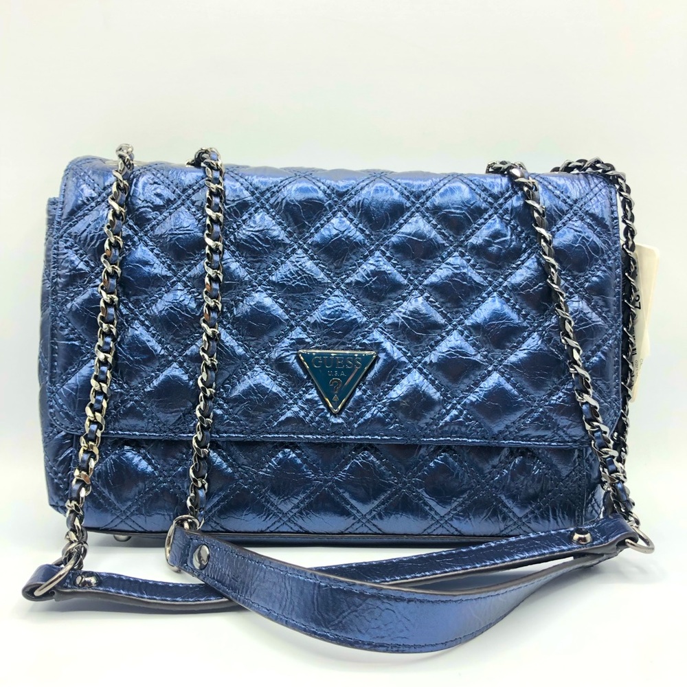 Guess Quilted Metallic Blue Chain Shoulder Bag